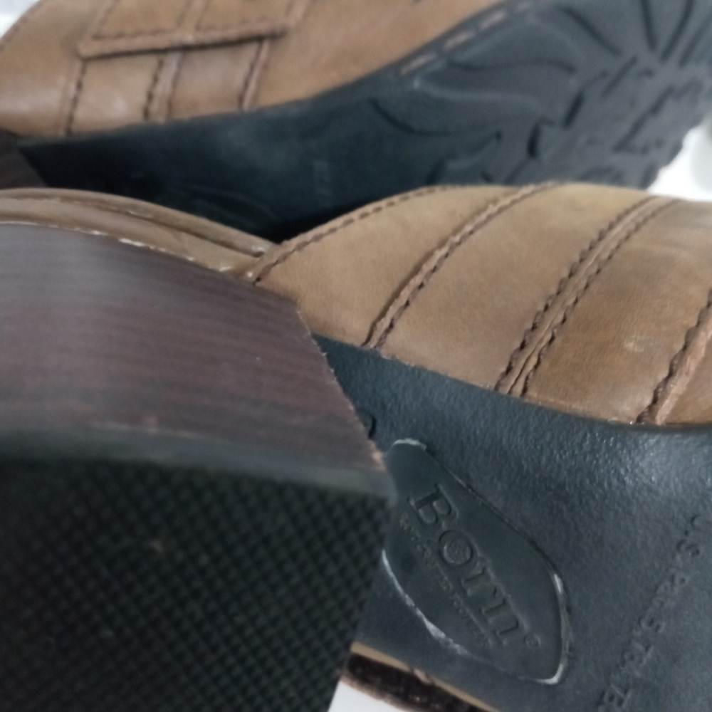 Born Genuine Leather Distressed Light Brown Mules Buckle accent Strap block Heel - Picture 9 of 11